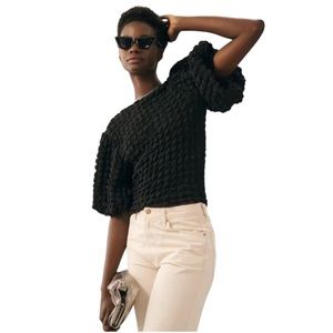 ANTHROPOLOGIE ERI + ALI TOP PUFF TEXTURED CREW NECK SHORT SLEEVES BLACK LG